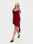 side view of model wearing Princess Polly Dacian Mini Dress Burgundy Cowl Neck 