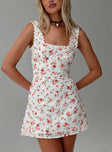 front view of model wearing Princess Polly Dasha Mini Dress White Floral Square Neck 