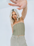 back view of model wearing Princess Polly Belle Knit Strapless Top Khaki Sleeveless Square Neck 