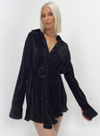 Front view of model wearing  front Princess Polly V-Neck  Edena Mini Dress Black