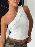 back view of model wearing Princess Polly Ryatt One Shoulder Ruffle Top White Sleeveless Asymmetric Neckline 