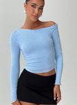 front view of model wearing Princess Polly Malian Long Sleeve Top Blue Full Sleeves Asymmetric Neckline 