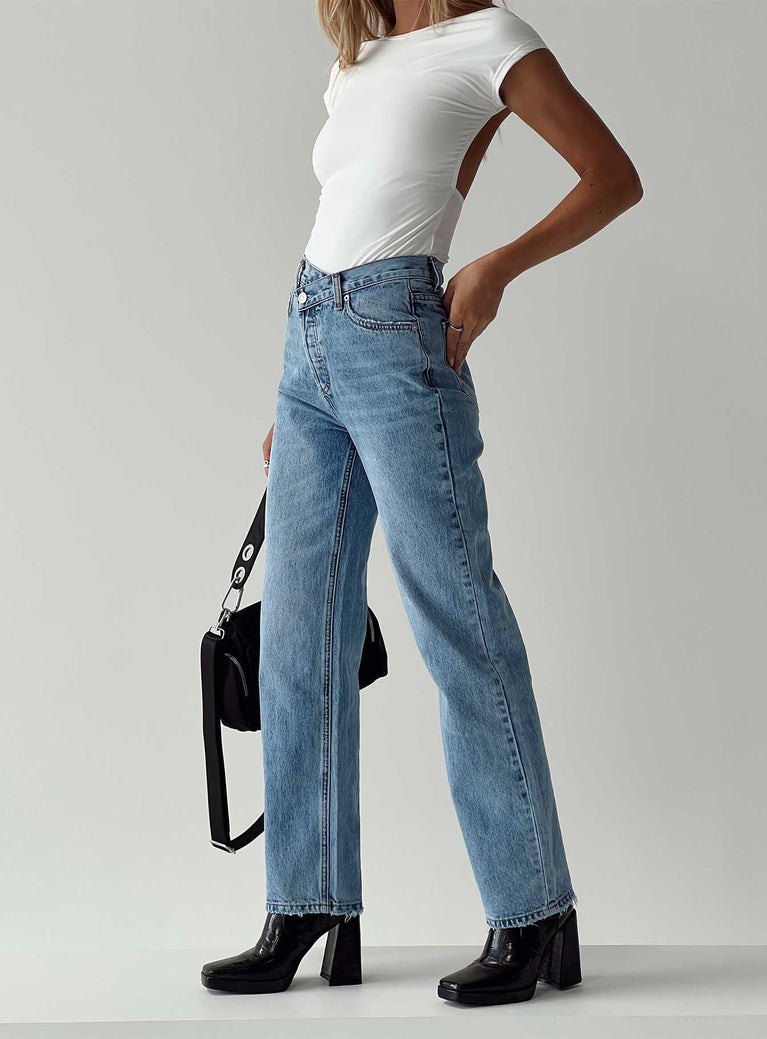 product Princess Polly High Waisted  Holly Asymmetric Straight Leg Jean Light Wash Denim