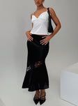   side view of model wearing Princess Polly Carrion Lace Maxi Skirt Black 