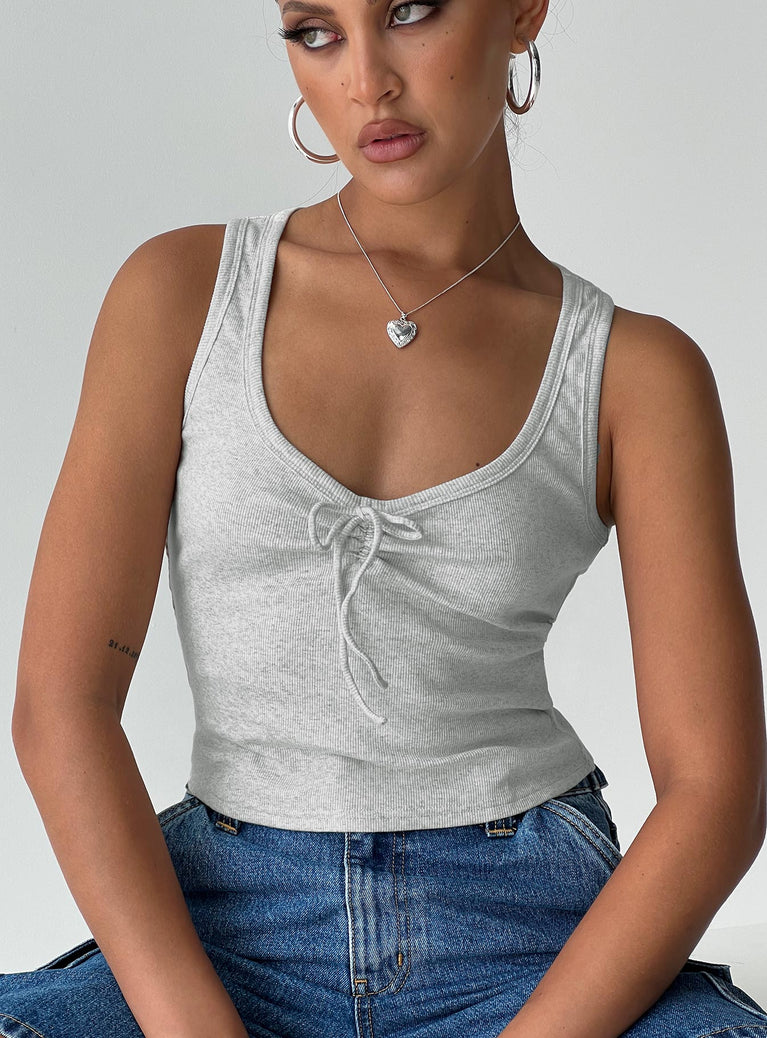 front view of model wearing Princess Polly Sixteen Tank Top Grey Sleeveless Scoop Neck 