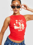 front view of model wearing Princess Polly Pacific Royal Tank Top Red Sleeveless Crew Neck 