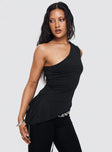 side view of model wearing Princess Polly Vulnerable One Shoulder Top Black Sleeveless Asymmetric Neckline 