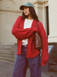 front view of model wearing Princess Polly Abner Cable Cardigan Red Long 