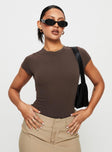 front view of model wearing Princess Polly Harlea Bodysuit Brown Short Sleeves Crew Neck 