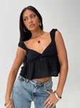 front view of model wearing Princess Polly Contardo Short Sleeve Top Black Sleeveless Sweetheart 