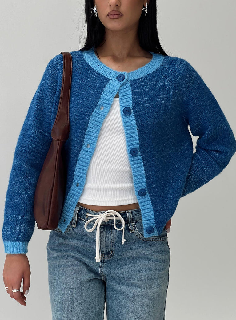 front view of model wearing Princess Polly Oak Meadow Cardigan Blue 