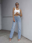 Front view of model wearing  front Princess Polly High Waisted  Holly Asymmetric Straight Leg Jean Light Wash Denim