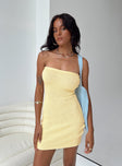 Front view of model wearing  front Princess Polly Square Neck  Flow Strapless Mini Dress Yellow