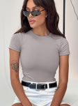 side view of model wearing Princess Polly Attice Bodysuit Soot Short Sleeves Crew Neck 