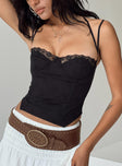 Front view of model wearing  front Princess Polly Sleeveless Square Neck  Luvan Lace Corset Top Black