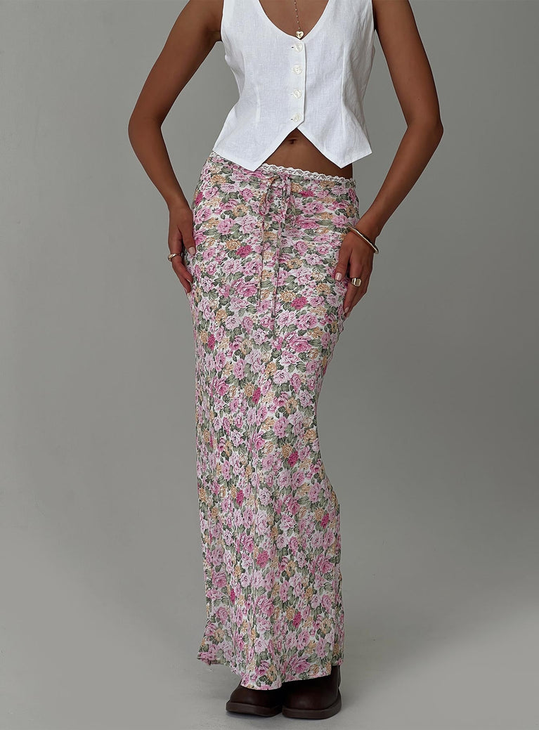 back view of model wearing Princess Polly Emily Maxi Skirt Pink Floral Maxi 