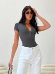 front view of model wearing Princess Polly Kandis Bodysuit Grey Short Sleeves High Neck 