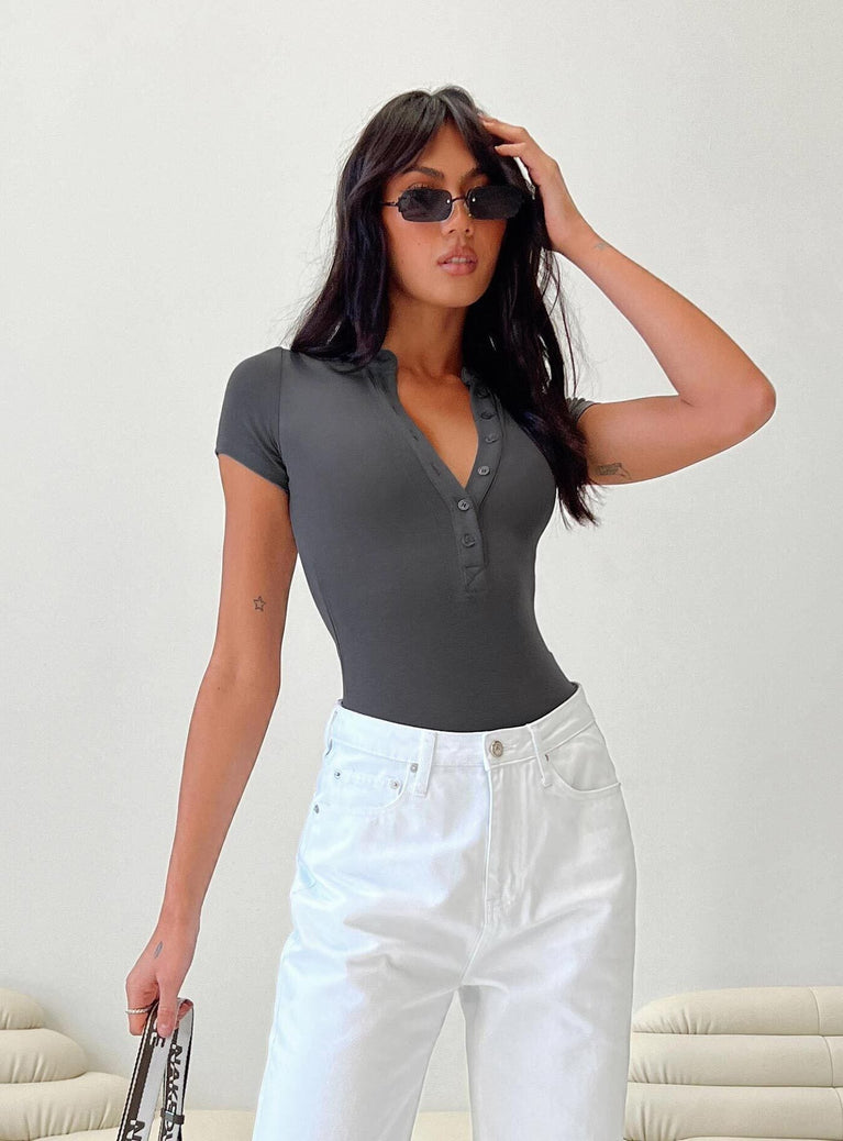 front view of model wearing Princess Polly Kandis Bodysuit Grey Short Sleeves High Neck 