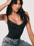 front view of model wearing Princess Polly Peekaboo Bodysuit Black Sleeveless Sweetheart 