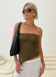 Strapless top Elasticated band at bust, asymmetric hem, split at side Good stretch, unlined 