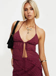 Crop top Ruffle sheer material, open front design, elasticated back, halter neck tie fastening, tie fastening at bust 