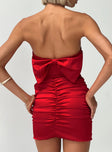 back view of model wearing Princess Polly Shaila Strapless Mini Dress Red Straight Neck 