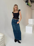 Front view of model wearing  front Orillia Denim Midi Skirt Dark Wash Princess Polly  Maxi 