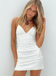 front view of model wearing Princess Polly Duncani Mini Dress White V-Neck 