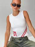 front view of model wearing Princess Polly Fast 67 Tank Top White / Red Sleeveless Crew Neck 