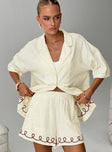 front view of model wearing Princess Polly Jamari Linen Blend Shorts Cream / Brown High Waisted Shorts 