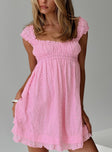 front view of model wearing Princess Polly Carlita Mini Dress Pink Square Neck 