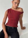 front view of model wearing Princess Polly Danza Top Red Sleeveless Asymmetric Neckline 