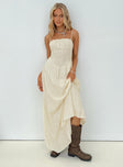 front view of model wearing Princess Polly Slow Dance Linen Blend Maxi Dress Cream / Blue Square Neck 