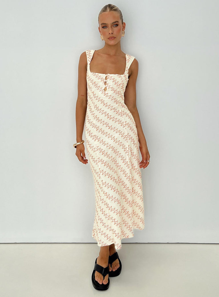 side view of model wearing Princess Polly Chosen Girl Linen Blend Midi Dress Multi Square Neck 