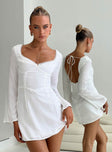 back view of model wearing Princess Polly Lyna Long Sleeve Mini Dress White Sweetheart Neckline 