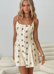 front view of model wearing Princess Polly Elian Linen Blend Mini Dress Cream / Multi Square Neck 