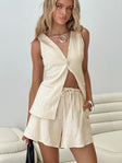 front view of model wearing Princess Polly Days With You Linen Blend Vest Top Sand Sleeveless V-Neck 