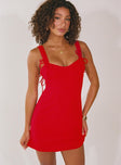 front view of model wearing Princess Polly Lovers Quarrel Mini Dress Red Sweetheart Neckline 