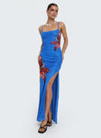 side view of model wearing Princess Polly Bespoke Maxi Dress Blue Square Neck 