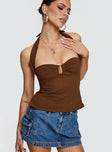 side view of model wearing Princess Polly Isabetta Halter Top Chocolate Sleeveless Sweetheart 