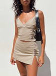 Front view of model wearing  front Back 2k Mini Skirt Taupe Princess Polly  Mini Skirts 