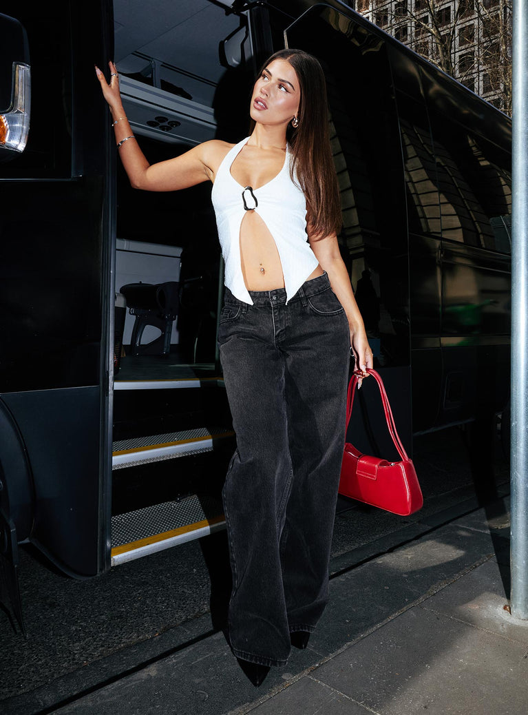 front view of model wearing Princess Polly Ellanor Low Rise Slouch Denim Jean Washed Black Low Rise Jeans 