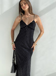 front view of model wearing Princess Polly Emily Maxi Dress Black Polka Dot V-Neck 