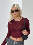 front view of model wearing Princess Polly Sydelle Long Sleeve Top Maroon Full Sleeves Crew Neck 