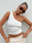 Front view of model wearing  front Princess Polly Sleeveless Asymmetric Neckline  Denham One Shoulder Top Ivory