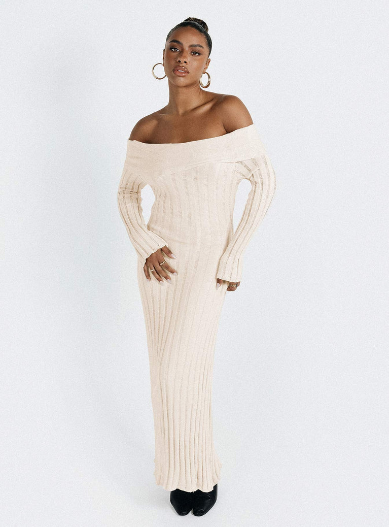 product Princess Polly Crew Neck  Lefler Off The Shoulder Maxi Dress Beige