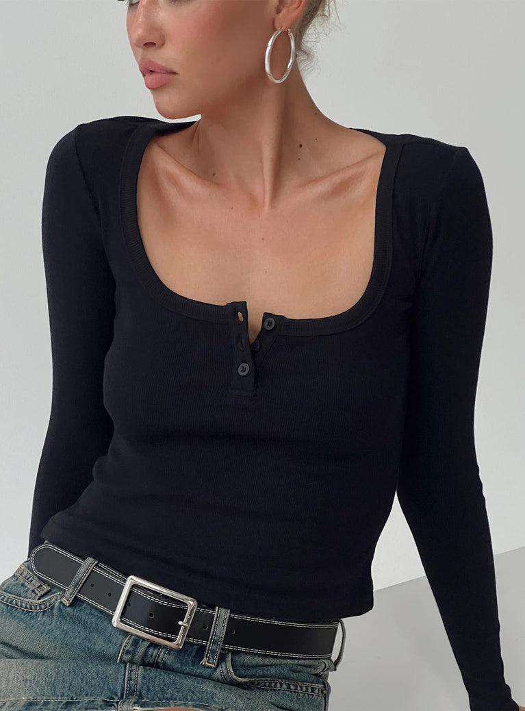 front view of model wearing Princess Polly Daphine Long Sleeve Top Black Full Sleeves Scoop Neck 