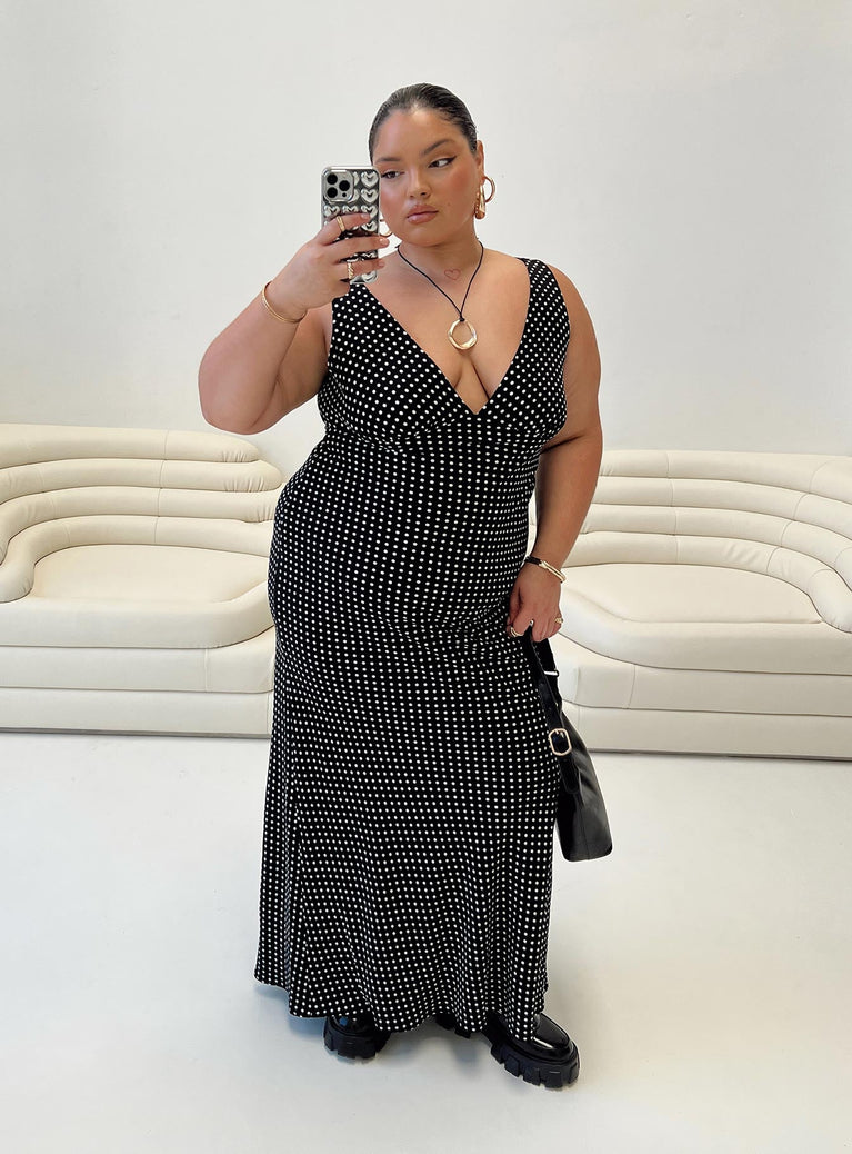 product Princess Polly Asymmetric Neckline  Nellie Maxi Dress Black Polka Dot Curve