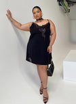 Front view of model wearing  front Princess Polly High Neck  Agnola Lace Trim Mini Dress Black Curve