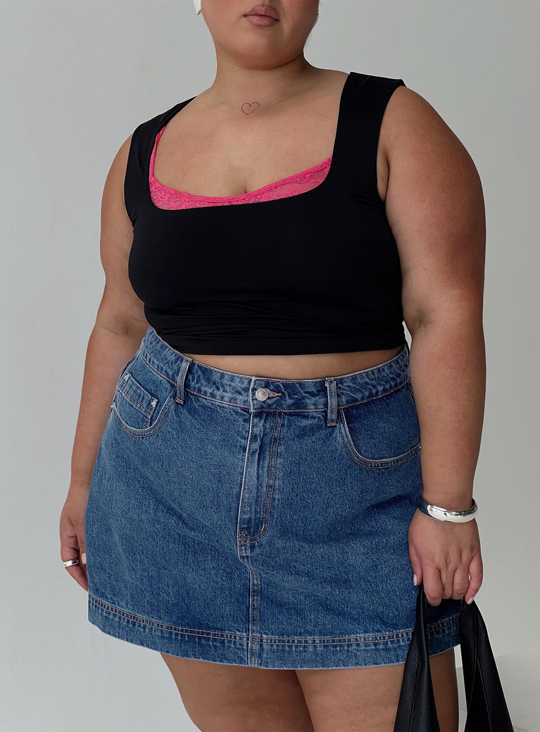 front view of model wearing Princess Polly Back In Time Top Black / Pink Lace Curve Sleeveless Scoop Neck 